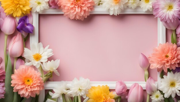 una pared rosa con flores y un marco con las palabras flores en él