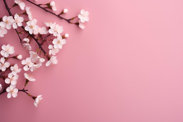 una pared rosa con un fondo rosa con una rama de flores de cerezo.