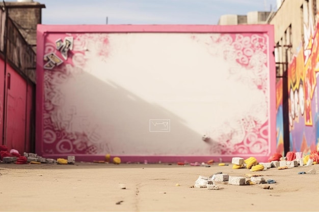 Foto una pared rosa con graffiti al lado de la basura
