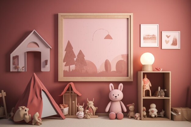 Una pared rosa con una imagen de un conejito de juguete y un estante con una casa de muñecas.