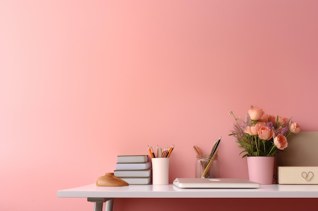 Una pared rosa con un jarrón de flores y un jarrón de flores sobre la mesa.