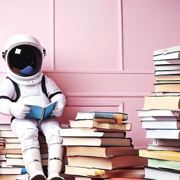 Una pared rosa con un libro titulado 'hombre espacial leyendo un libro'