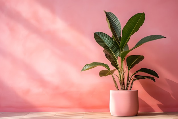 Una pared rosa con una planta en una olla y una hoja verde en el