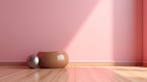 Una pared rosa con tres cuencos en el suelo y la palabra yoga.