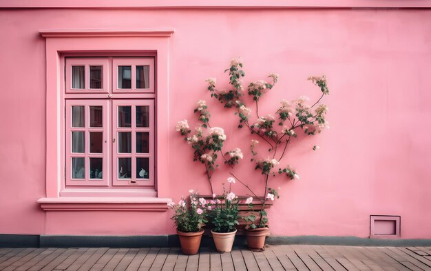 Una pared rosa con una ventana y flores delante.