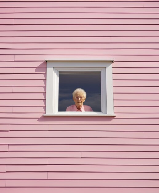 una pared rosa con una ventana que dice la ventana