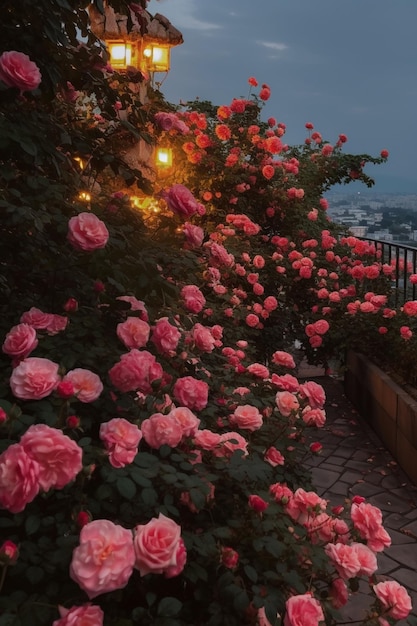 Una pared de rosas rosas por la noche