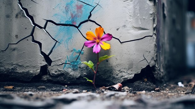 pared rota en un fondo blanco con una flor