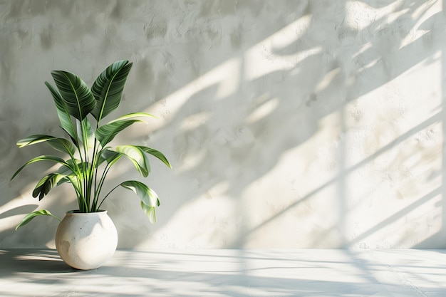 Una pared con una sombra y una planta de interior en el fondo del piso