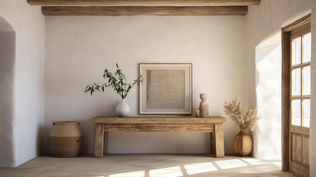 Pared y techo de estuco blanco con vigas de madera en el pasillo de una granja IA generativa