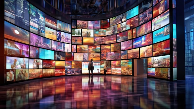 Una pared de televisores con una mujer mirando la pantalla.