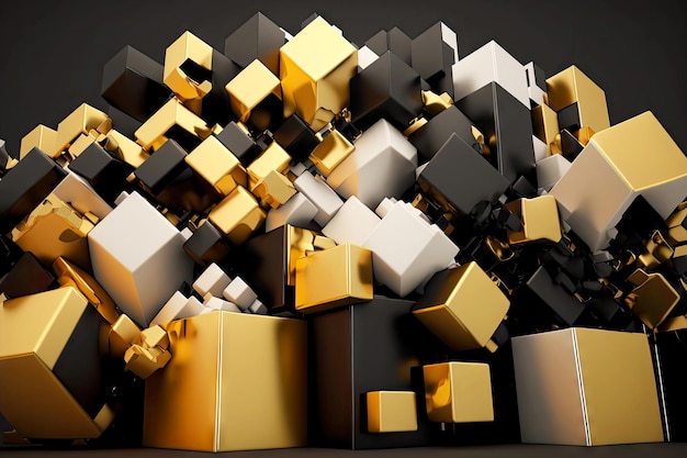 Pared tridimensional de cubos desplazados de diferentes formas con bordes dorados y negros d abstracto
