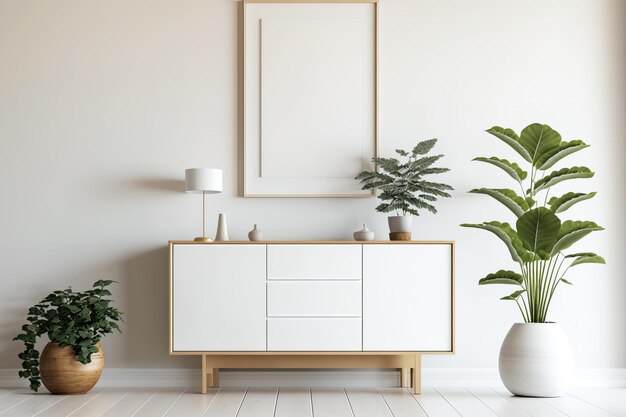 Pared vacía con cajón de madera en una habitación de estilo escandinavo Decoración interior mínima