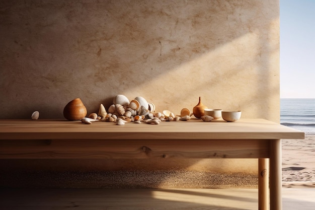 Pared vacía en una casa de playa con una mesa de madera