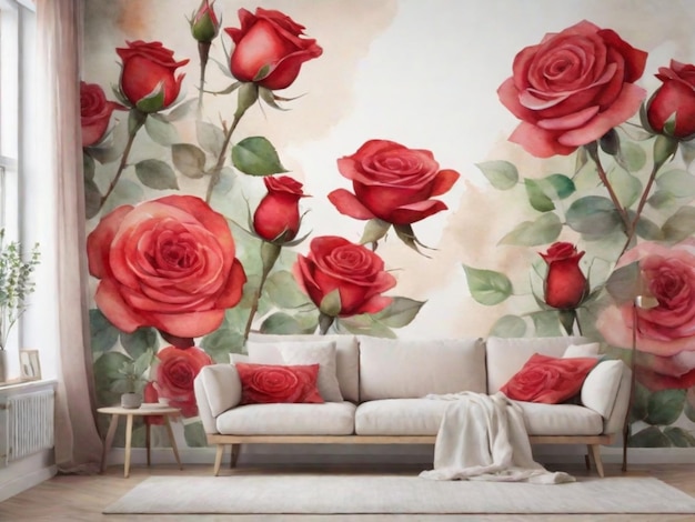 Una pared vacía con un mural de rosas al estilo acuarela Esto puede introducir una atmósfera suave y artística en cualquier espacio