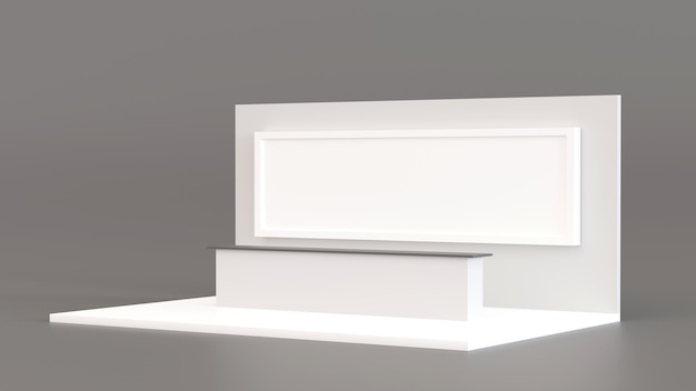 Pared vacía de plantilla blanca con cabina en blanco de mesa de mostrador para exposición de productos muestra representación 3D