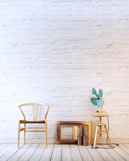 Pared vacía con silla de madera y ventilador de aire en un fondo de ladrillo blanco moderno renderizado interior 3D