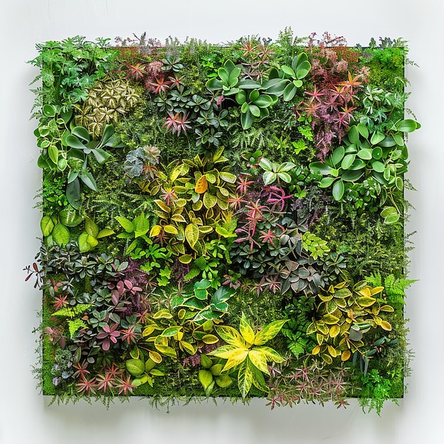 una pared verde y amarilla cubierta de plantas y flores