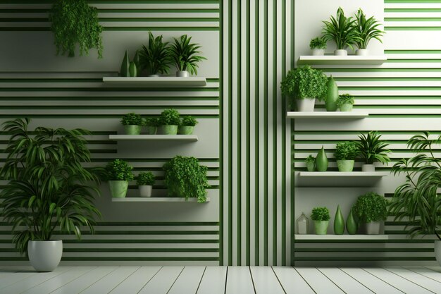 Una pared verde con un estante con plantas