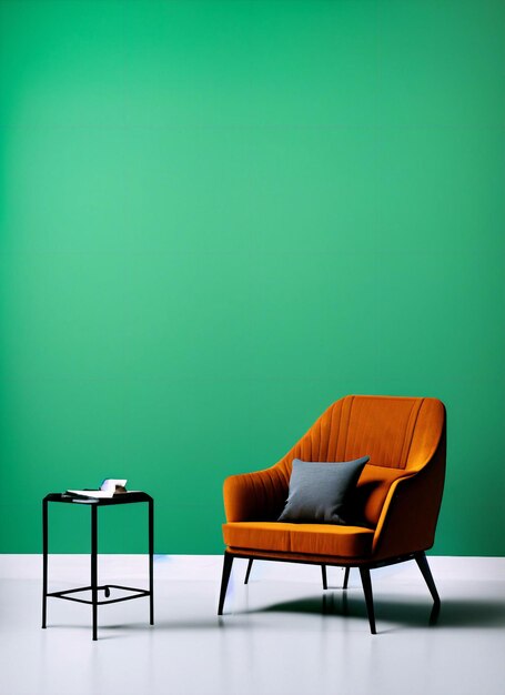 Una pared verde en una habitación con una silla y una mesa.