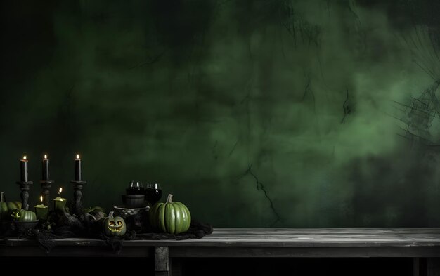 Una pared verde oscuro con calabazas y velas.