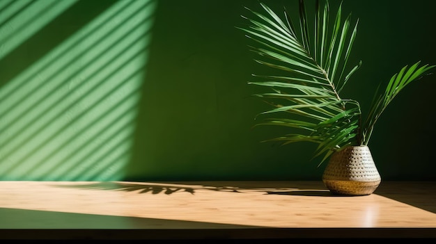 Una pared verde con una planta y una hoja de palma.