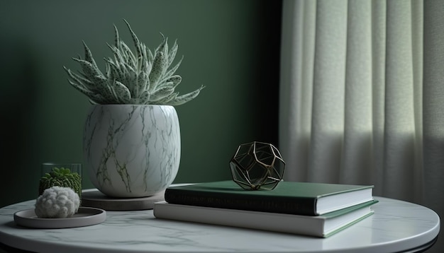 Una pared verde con una planta junto a una pila de libros.