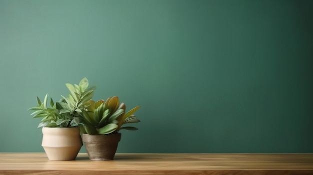 Una pared verde con plantas y una planta sobre la mesa.