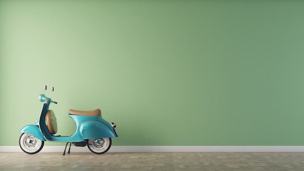 Pared verde vacía con scooter en un piso 3D Render