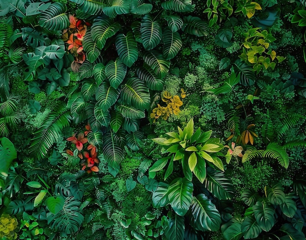 una pared verde con una variedad de plantas y flores