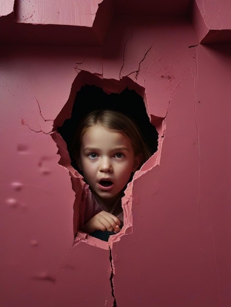 una pared vibrante siendo fracturada con una niña elegante y enojada emergiendo del hueco recién formado