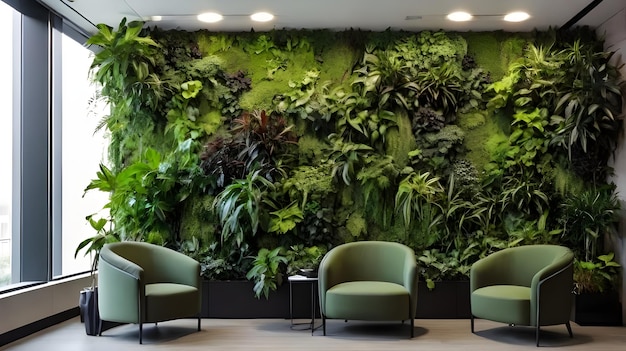 Pared viva verde con plantas perennes en la oficina moderna Jardinería urbana paisajismo interior