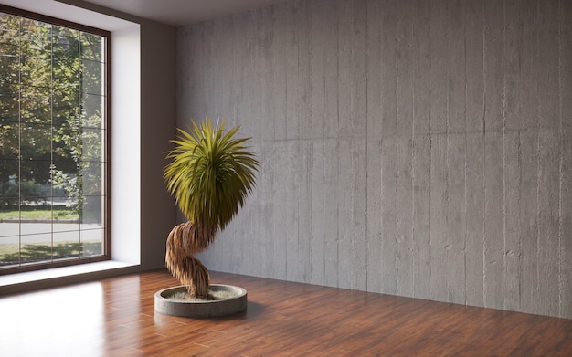 Pared de yeso negro de la habitación vacía con árbol bonsai en diseño de plantilla de maceta 3d renderizado 3d illustrati