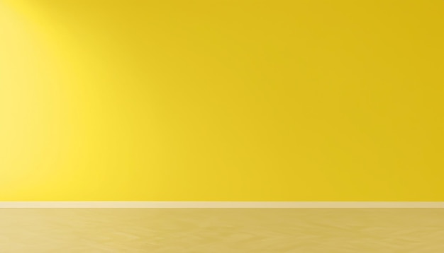 Parede amarela de uma sala vazia com chão de parquet de madeira dura e luz solar da janela na parede mínima