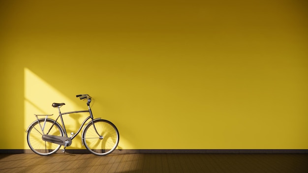 parede amarela vazia tem bicicleta em uma renderização 3D de piso em parquet de madeira