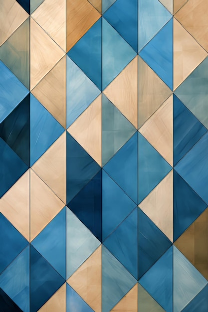Foto parede azul e castanha com um padrão geométrico de quadrados e um azul e castanho