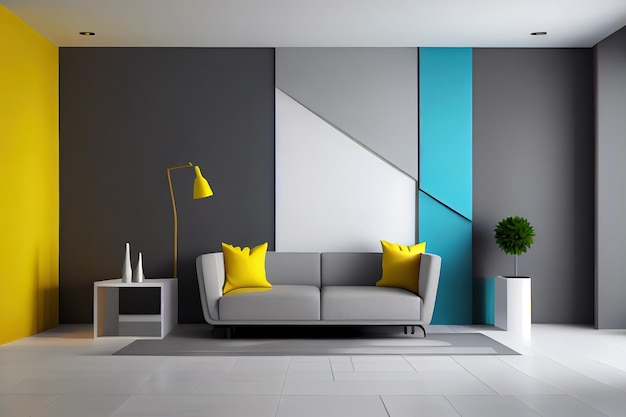 Parede azul e cinza na sala de estar design colorido de dois tons renderização em 3D Generative Ai