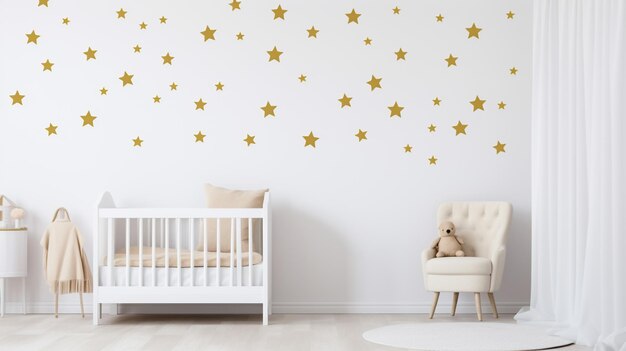 Foto parede branca com adesivos de estrelas douradas no interior do quarto do bebê