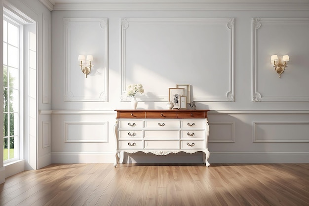 Parede branca com molduras de estilo clássico e chão de madeira cômodo de madeira e luz solar na parede render 3d
