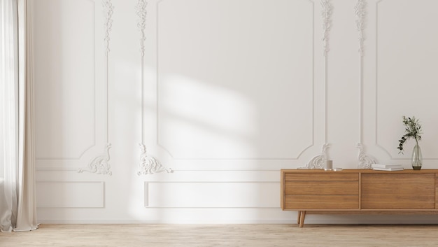 Parede branca com molduras de estilo clássico e cômoda de madeira de piso de madeira e luz solar na parede 3d render