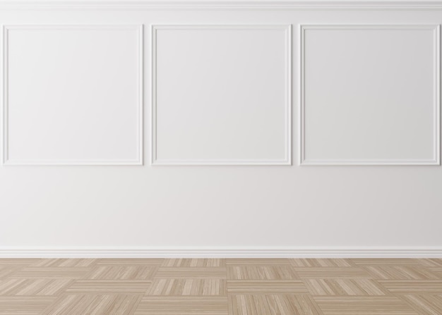 Parede branca da sala vazia com molduras e piso em parquet Apenas parede e piso Mock up interior Espaço de cópia livre para sua imagem de móveis e outros objetos Renderização em 3D