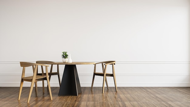 Foto parede branca e cadeiras modernas de madeira no interior da sala de jantar - renderização em 3d