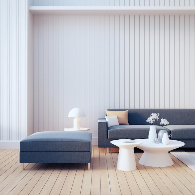 Parede branca e interior moderno da sala de estar do sofá cinza - renderização em 3D