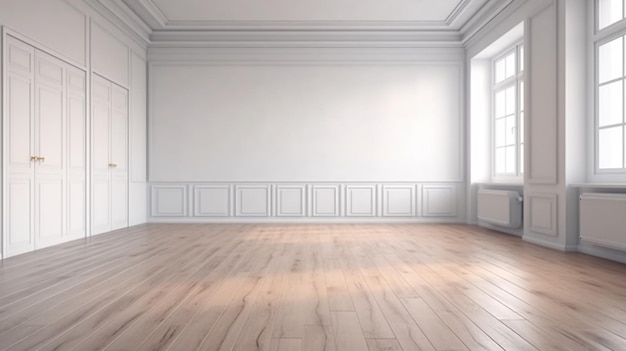 Parede branca em branco em uma sala vazia com uma vista frontal do piso de madeira