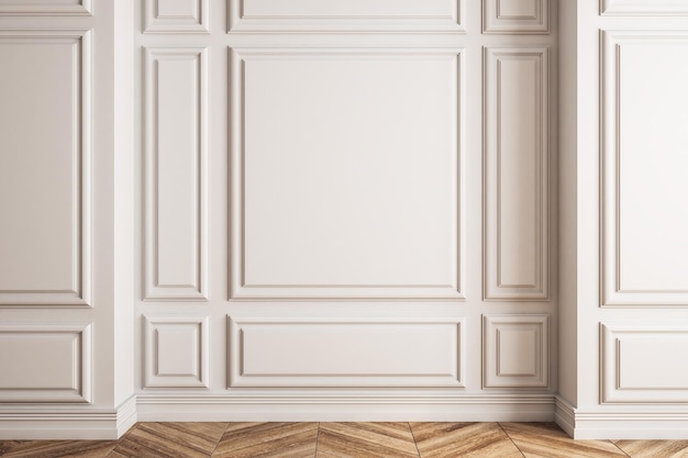 Parede branca vazia no interior clássico com piso de madeira Mock up 3D Rendering