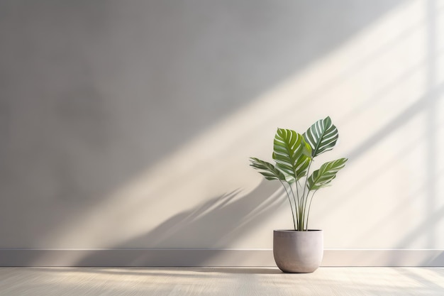 Parede cinza claro e um chão de madeira com uma planta em vaso