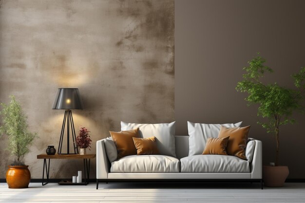 Parede com espaço de cópia contra sofá de veludo bege e lâmpada de chão design interior de casa minimalista