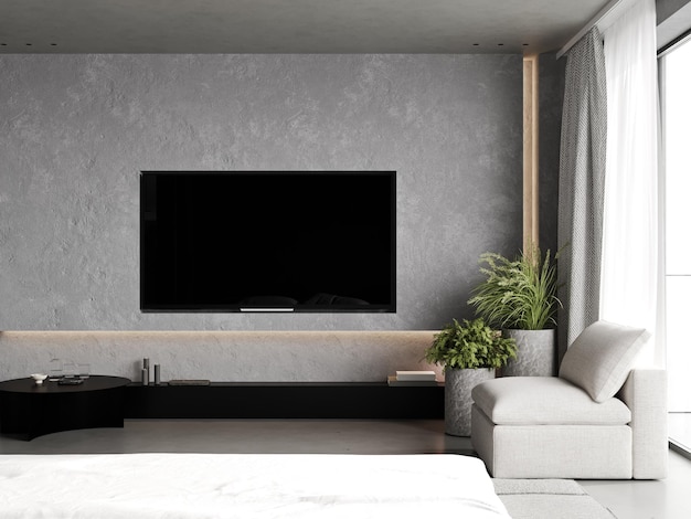 Parede com tv no interior do quarto moderno com grande janela e poltrona renderização em 3d