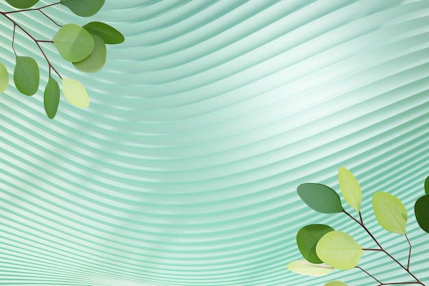 Parede curva 3D verde pastel com fundo de árvore de folha de oliveira verde. Renderização de ilustração 3D.