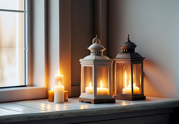 Parede da janela com lanternas e velas Detalhes de design interior generativos Ai